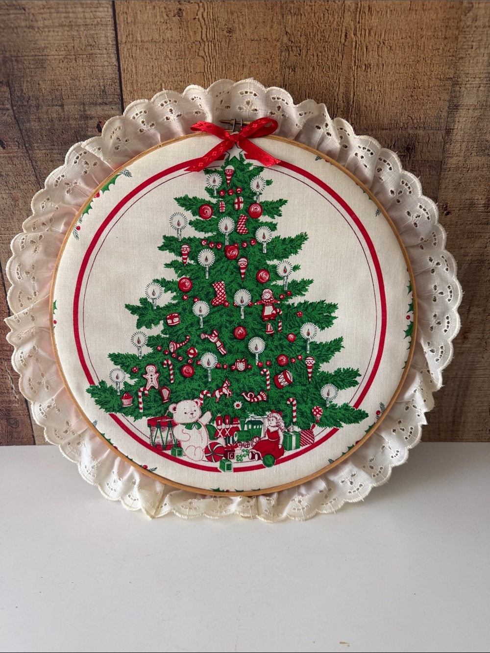 Vintage Kitschy Green and Red Christmas Tree Embroidery Hoop Wall Hanging